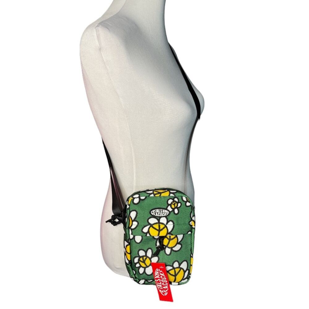 Petals and Peacocks Flowers and Peace Sign Crossbody Camera Bag Green
